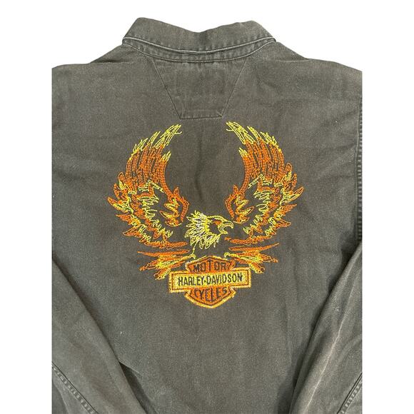 Vintage Harley Davidson‎ Embroidered Eagle Button Down Gray Denim Shirt • 2XL